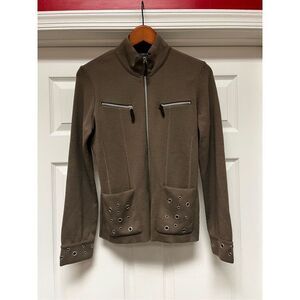 Clorinda Made in Italy Taupe Grommet Embellished Zip Up Sweater Cardigan sz M NW